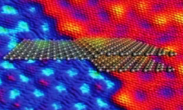 <p>Figure 4b. STM image of epitaxial graphene with model schematic superposed (Nature News 25 March 2009; Nature 458, 390-391 (2009)).</p>
